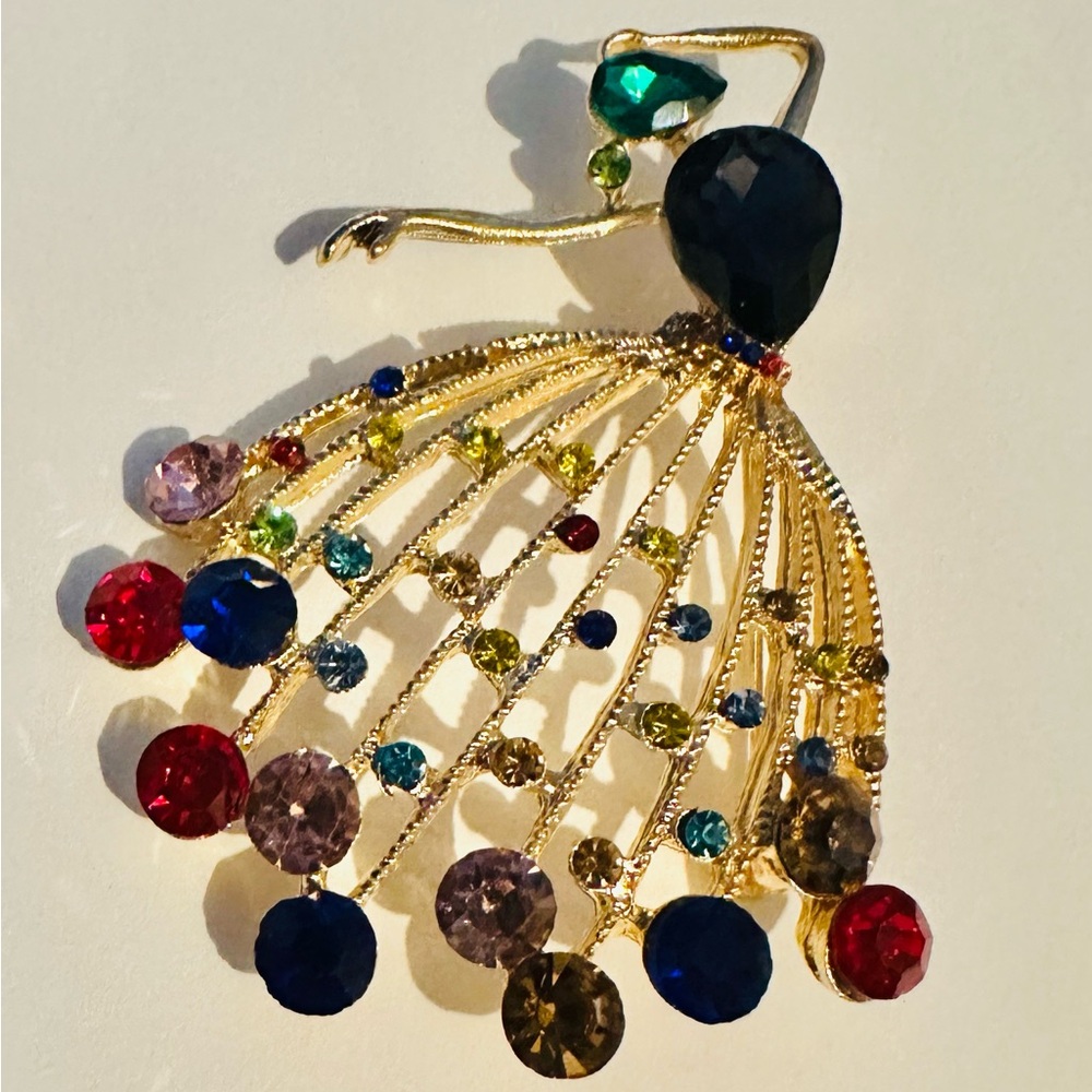 Elegant Gold Tone  and Multicolor Rhinestones Ballerina Brooch